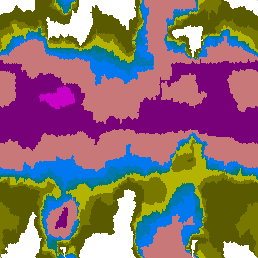 Fig. 6. Fractal de distribución de lluvia. El blanco representa zonas con poca lluvia en el año, las zonas púrpura representan zonas de lluvia pesada.